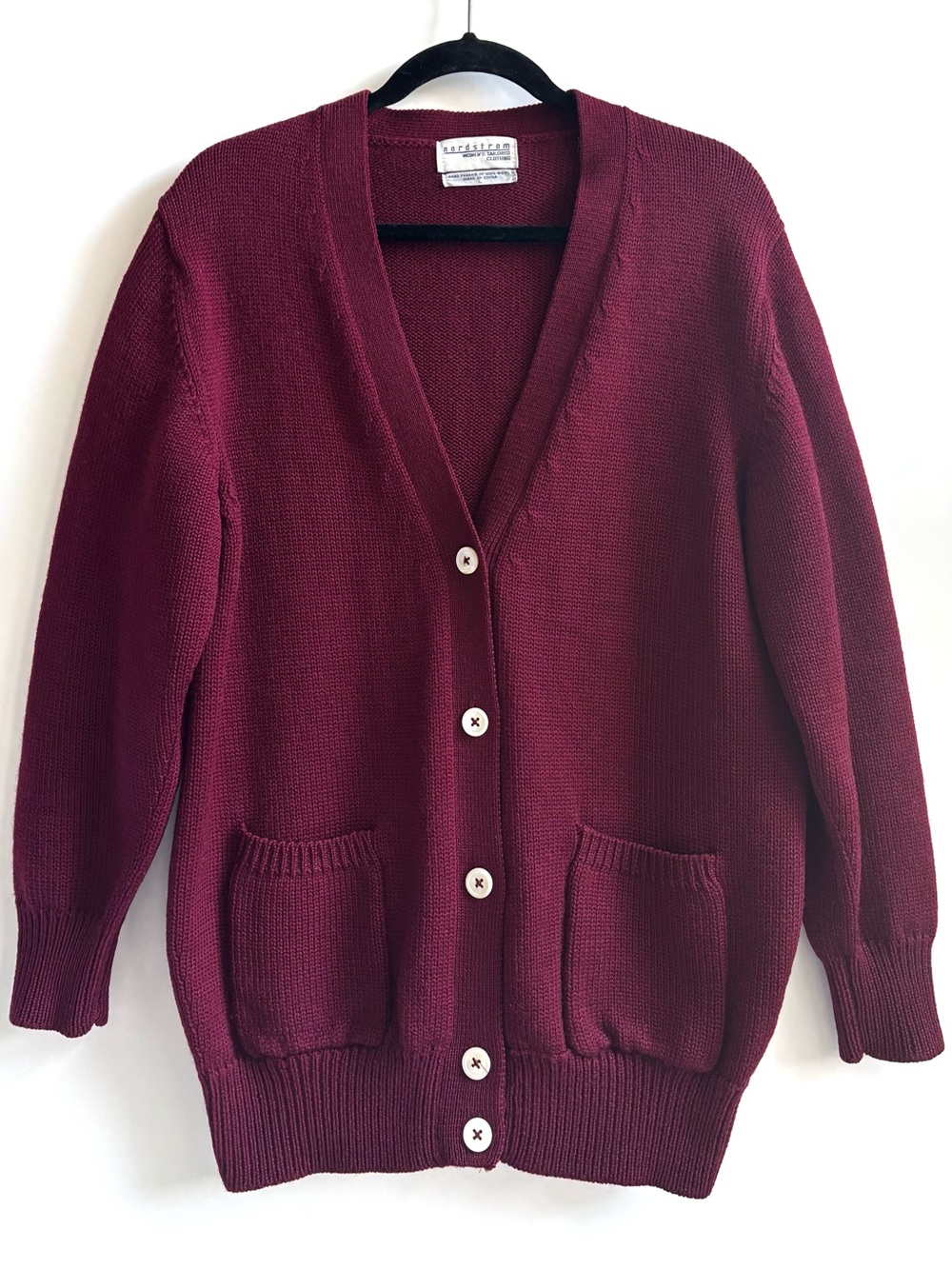 Nordstrom 100% Wool Hand Framed Deep Wine Button-Up Cardigan Sweater Size Large